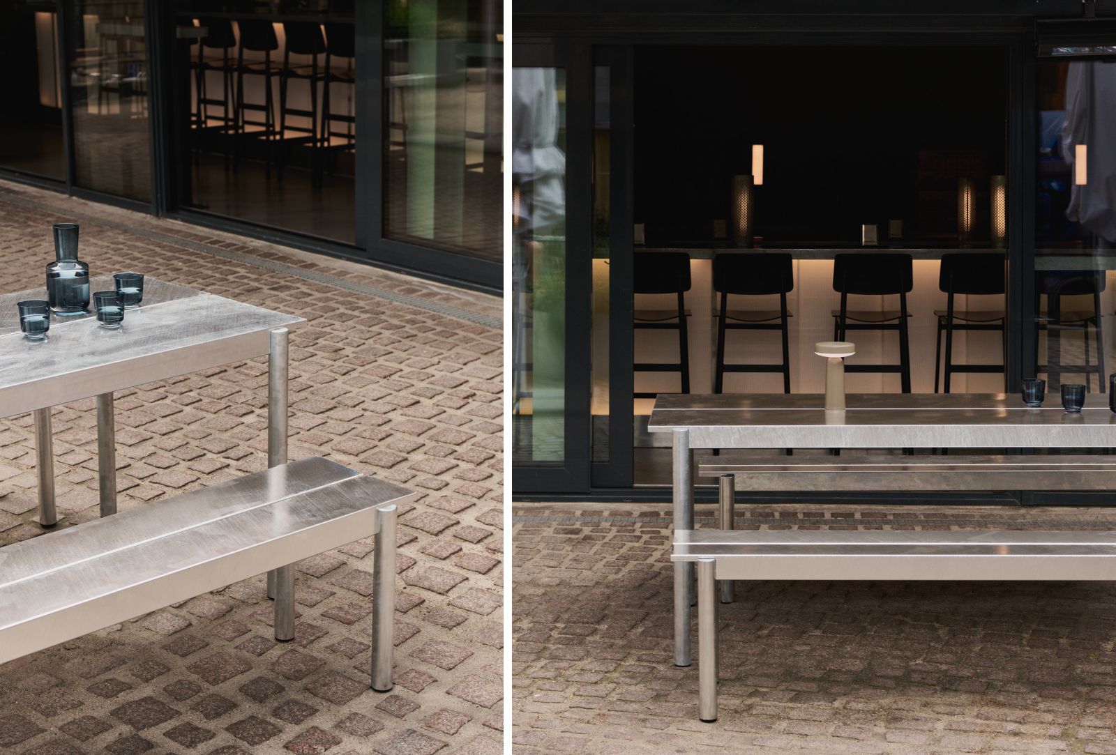 muuto linear steel outdoor dining table and bench terrace